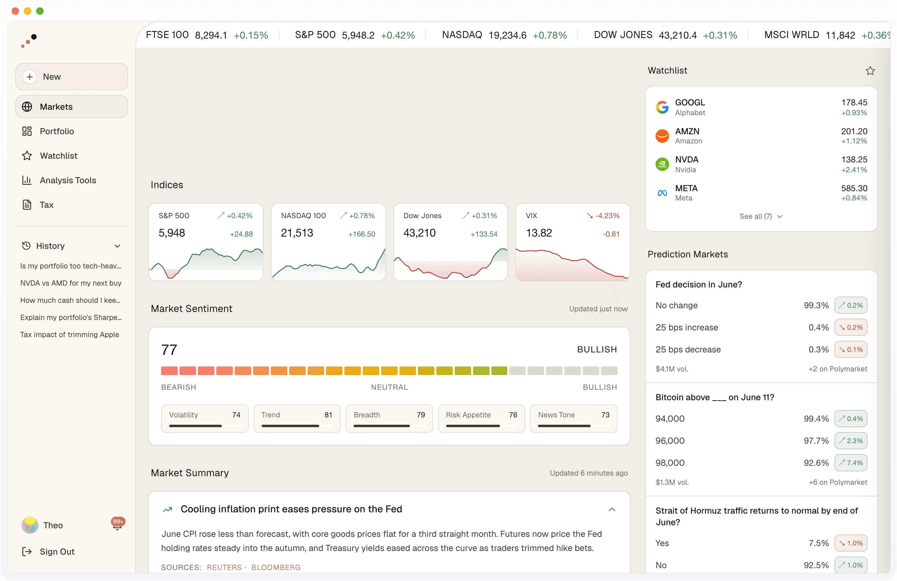 Valo markets view with daily brief, indices, sentiment, watchlist and prediction markets