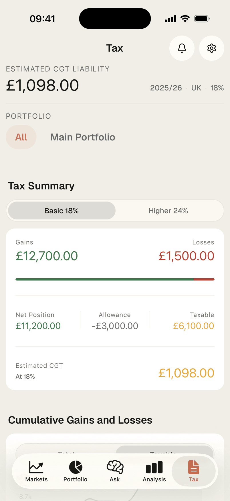 Valo UK capital gains tax summary on mobile