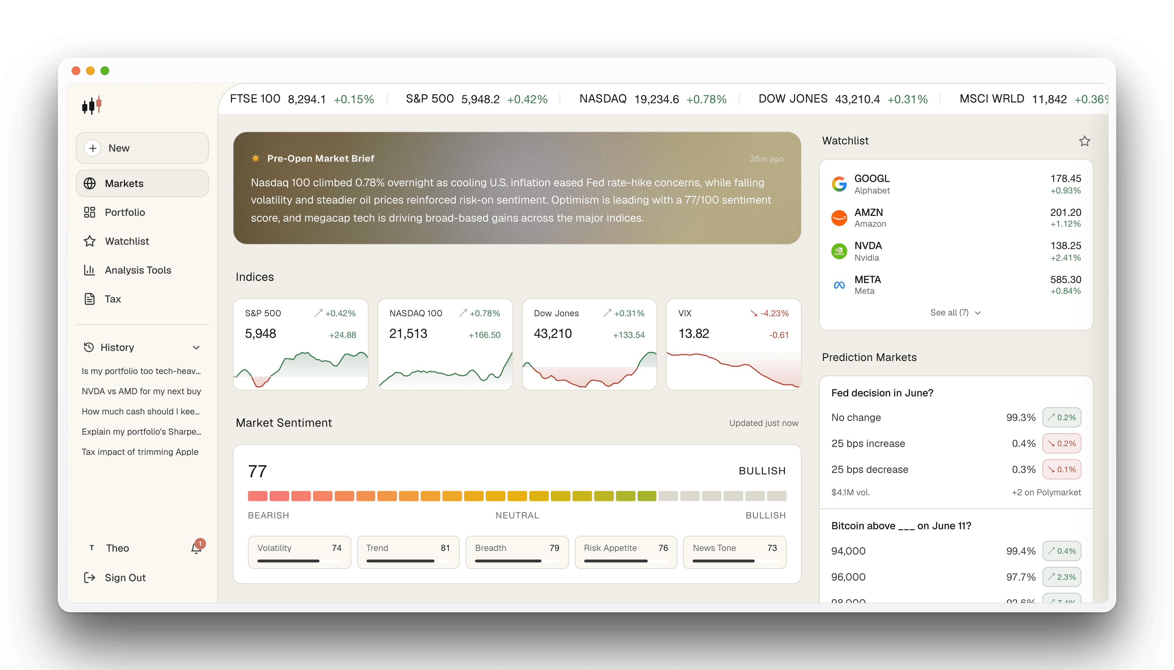 Valo markets dashboard with indices, sentiment, watchlist, and prediction markets